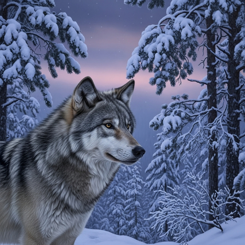 Majestic Lobo in Snowy Pine Forest | Wild Wolf Gaze Majestic Lobo in Snowy Pine Forest | Wild Wolf Gaze