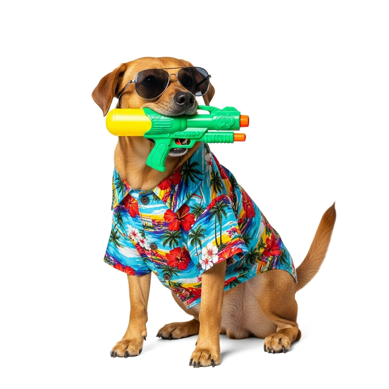 Happy Hawaiian Shirt Dog with Water Gun | Summer Fun
