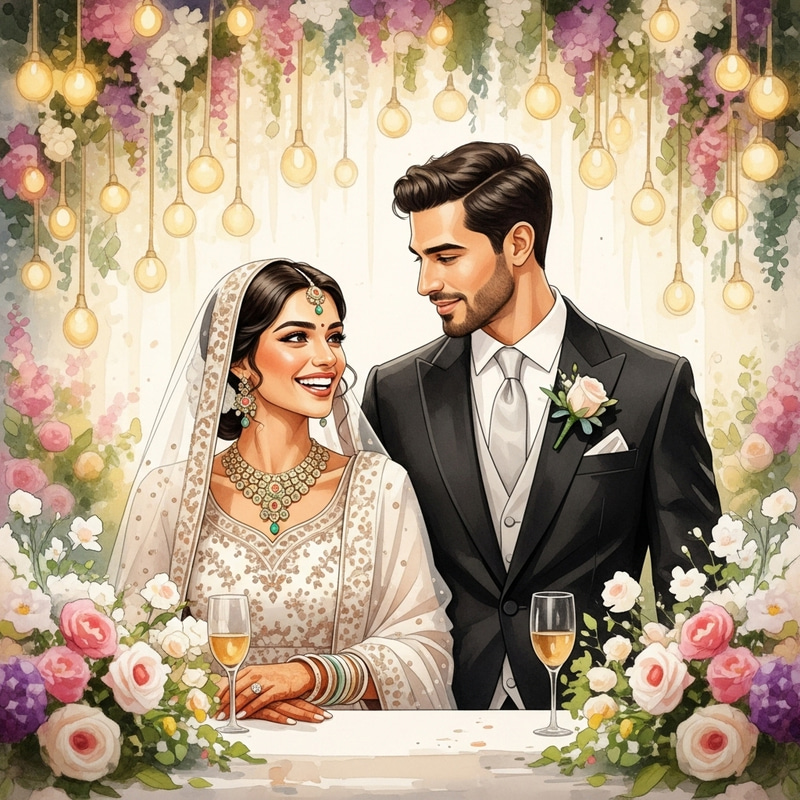 Watercolor Painting of Joyful Bride and Groom Wedding Scene Watercolor Painting of Joyful Bride and Groom Wedding Scene