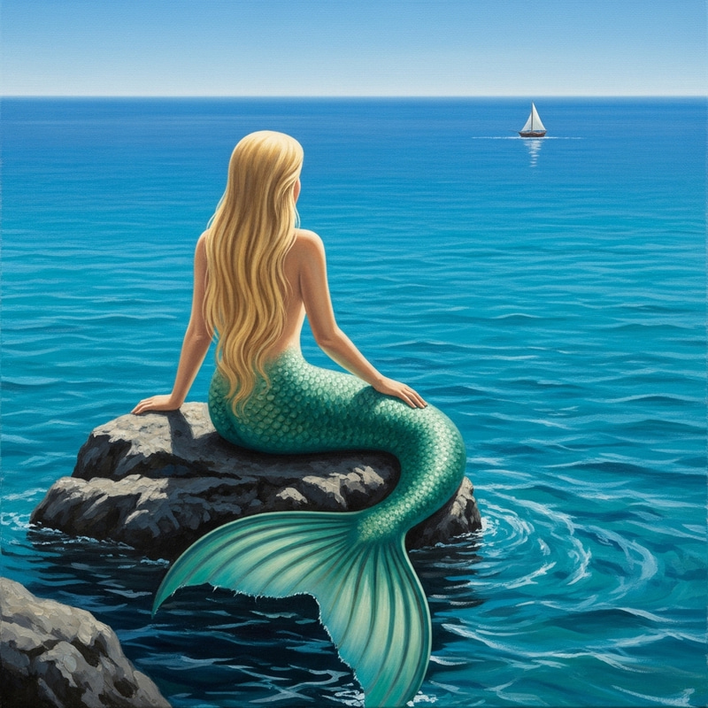 Blond Siren Sitting on Rock in Ocean with Sailing Boat View