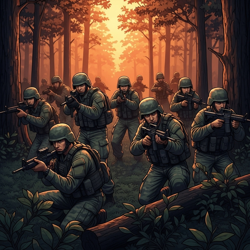 Vigilant Soldiers Defending Against Enemy in Forest Vigilant Soldiers Defending Against Enemy in Forest