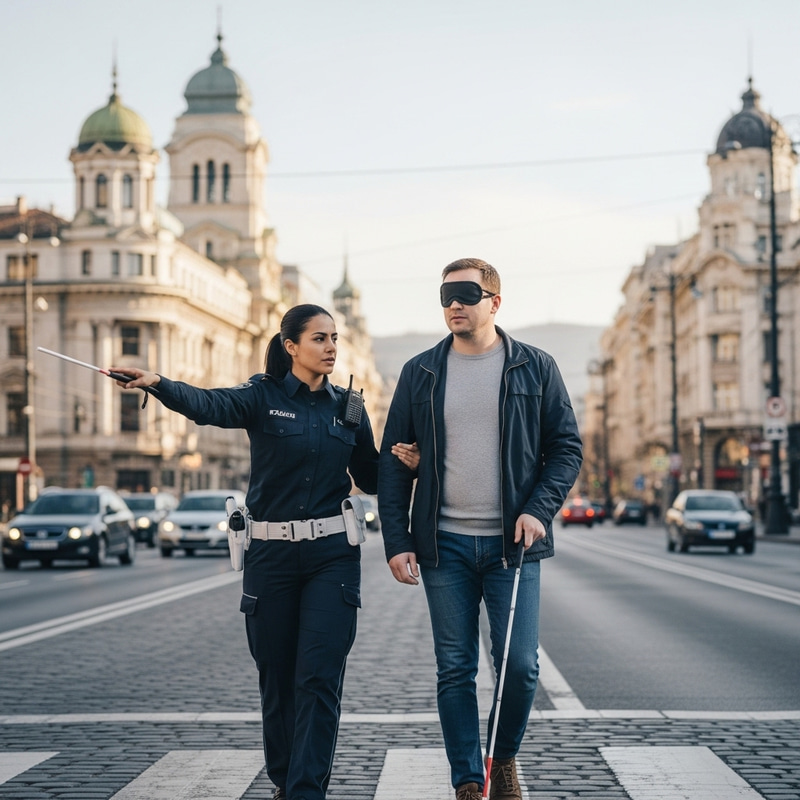 Police Officer Aiding Blind Man Cross Sofia Street Police Officer Aiding Blind Man Cross Sofia Street