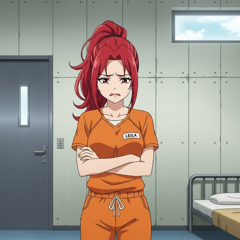 Emotive Scarlet-Haired Female Inmate 'Leila' Anime Art Emotive Scarlet-Haired Female Inmate 'Leila' Anime Art