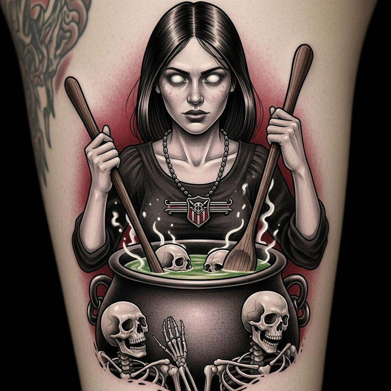 Eerie Wench Tattoo with Skeletons - Haunting Ink Design Eerie Wench Tattoo with Skeletons - Haunting Ink Design