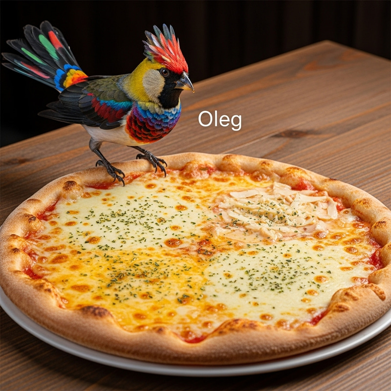 Oleg the Bird: Delightful Pose on Four Cheese Pizza Oleg the Bird: Delightful Pose on Four Cheese Pizza