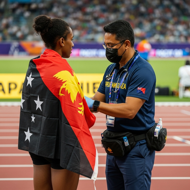 PNG Sports Medicine Doctor Caring for Athlete at Pacific Games PNG Sports Medicine Doctor Caring for Athlete at Pacific Games