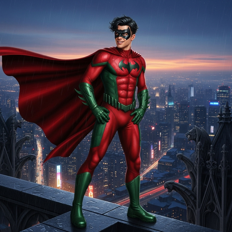 Richard Grayson: DC's Heroic Young Man in Red and Green on Rooftop Richard Grayson: DC's Heroic Young Man in Red and Green on Rooftop