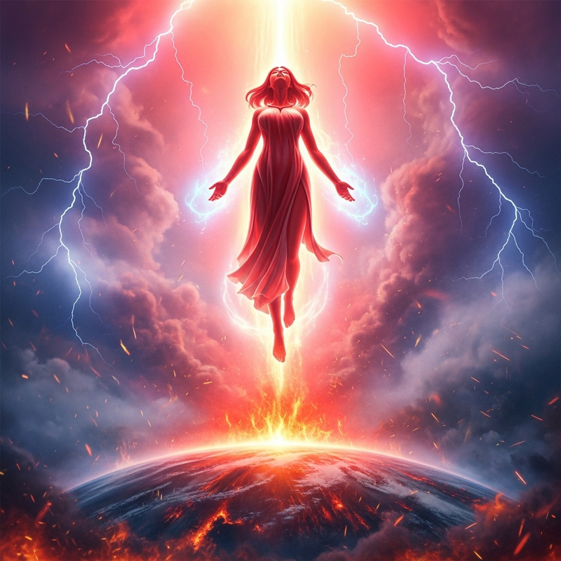 Nuwa Goddess of Creation in Fiery Sky with Celestial Lights