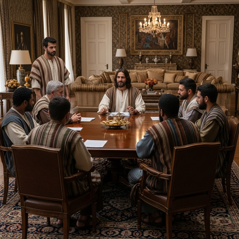 Jesus Teaching Disciples Around Table in Luxurious Setting