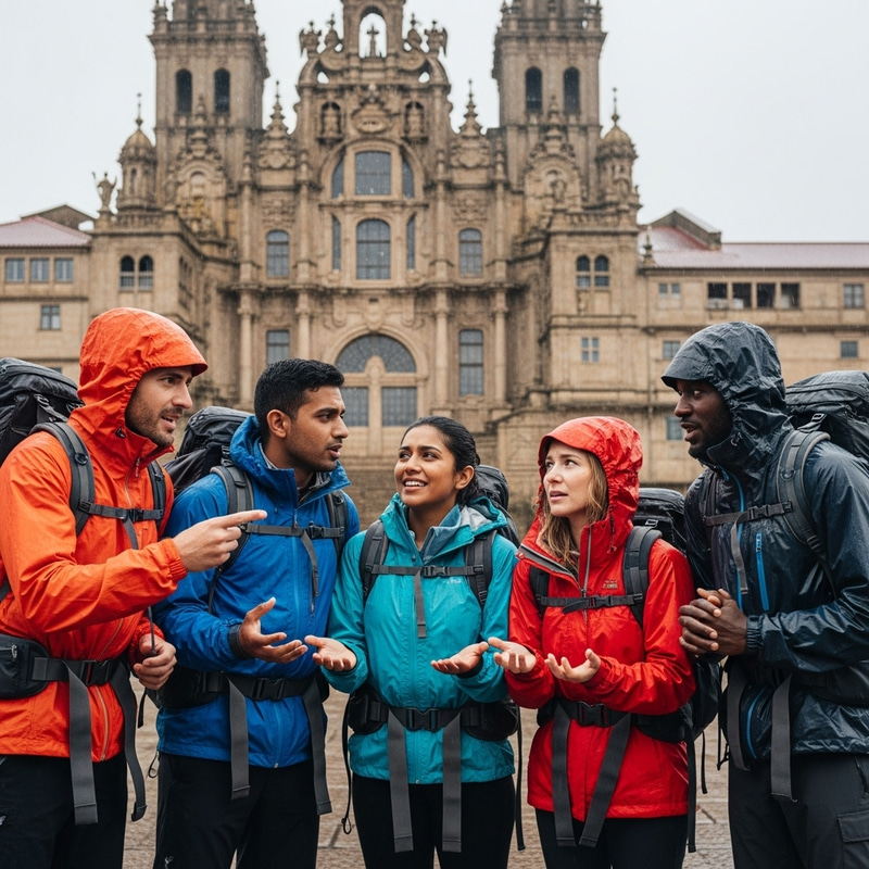 Diverse Group of Hikers at Santiago de Compostela in Rainstorm Diverse Group of Hikers at Santiago de Compostela in Rainstorm