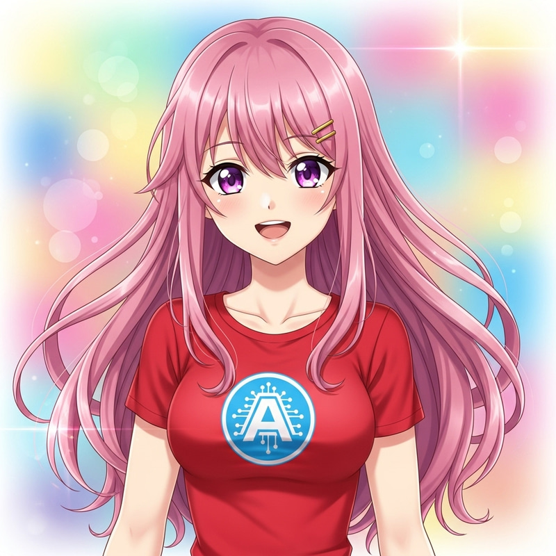 Anime Girl in Red T-Shirt with AMD Logo | Adorable Tech-themed Design