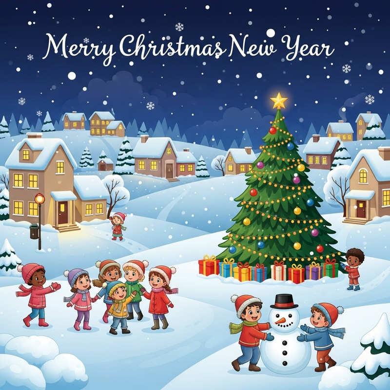 Festive New Year Illustration - Snowy Village Celebration