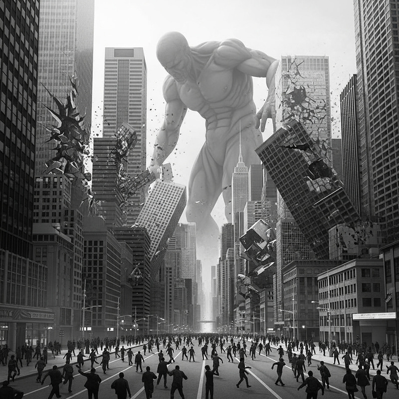 Colossal Monochrome Figure Destroying City Colossal Monochrome Figure Destroying City