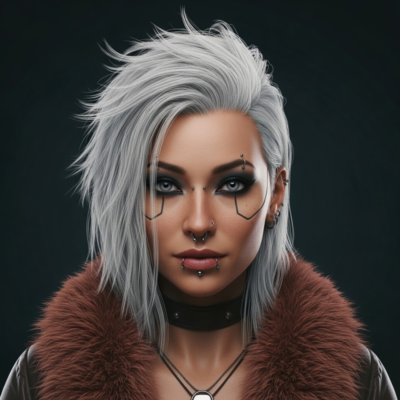 Striking Female Character with White Hair in Cyberpunk Fur Coat