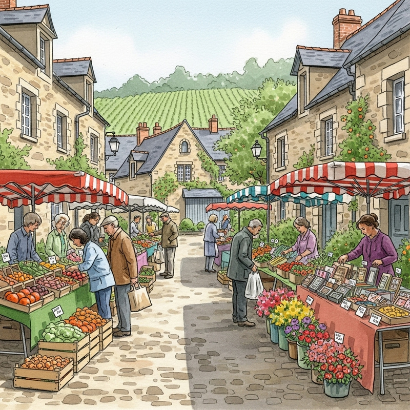 Vibrant Village Market Watercolor in Normandy
