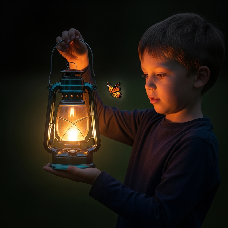 Enchanting Scene of Boy Holding Glowing Lantern with Butterfly Enchanting Scene of Boy Holding Glowing Lantern with Butterfly