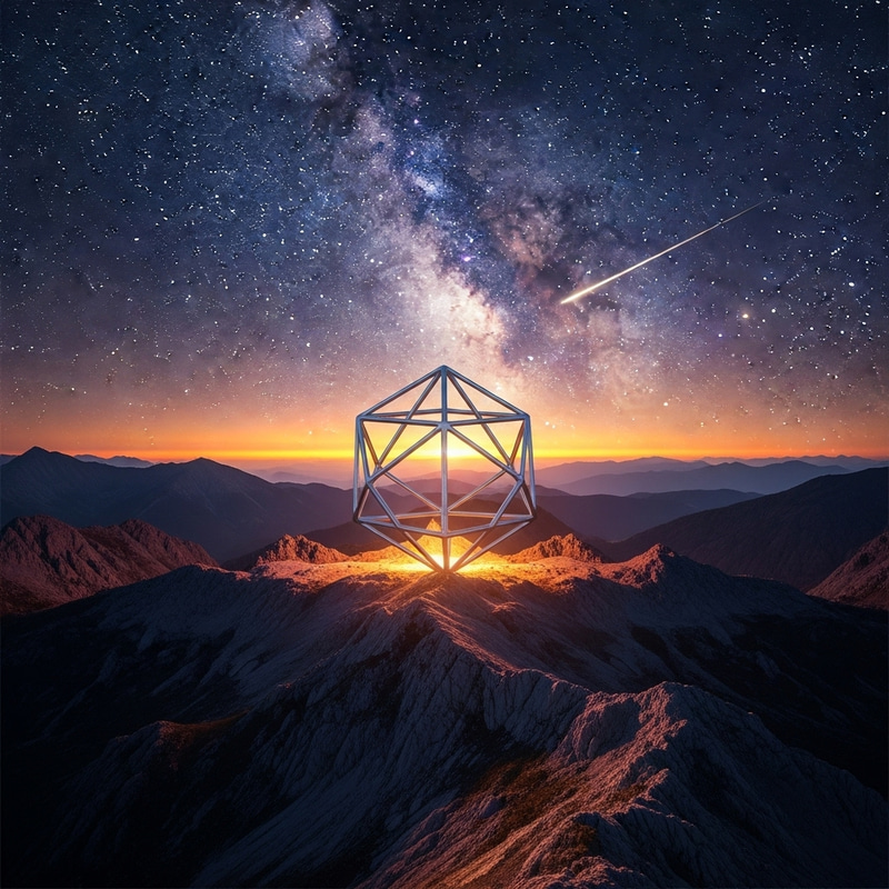 Realistic Sunset Mountain Landscape with Sacred Geometry Object & Milky Way