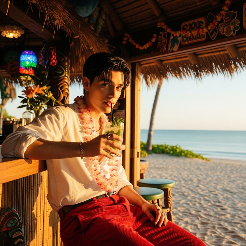 BS Group's Jimin Sips Mojitos in Red Corduroy Pants at Hawaiian Bar BS Group's Jimin Sips Mojitos in Red Corduroy Pants at Hawaiian Bar