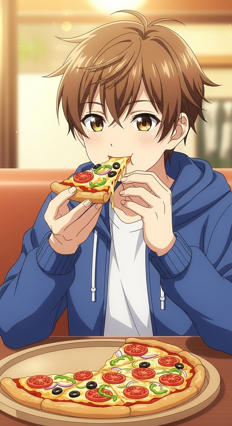 Caucasian Anime Boy Enjoying Pizza - Vibrant Eating Scene Caucasian Anime Boy Enjoying Pizza - Vibrant Eating Scene