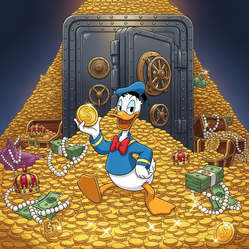 Donald Duck Surrounded by Gold Coins Near Giant Safe Donald Duck Surrounded by Gold Coins Near Giant Safe