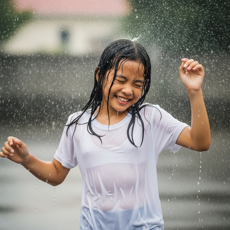 Pretty Girl Dancing in Rain with White T-shirt Pretty Girl Dancing in Rain with White T-shirt