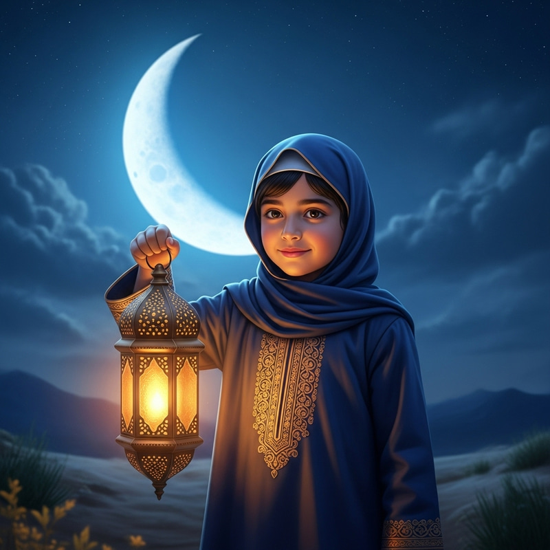 Muslim Child in Traditional Attire Holding Lamp with Crescent Moon