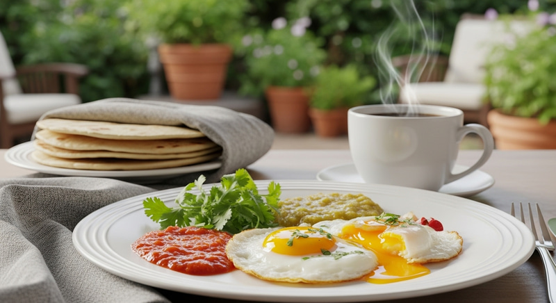 Tasty Fried Egg Breakfast with Fresh Cilantro and Mexican Salsa Tasty Fried Egg Breakfast with Fresh Cilantro and Mexican Salsa