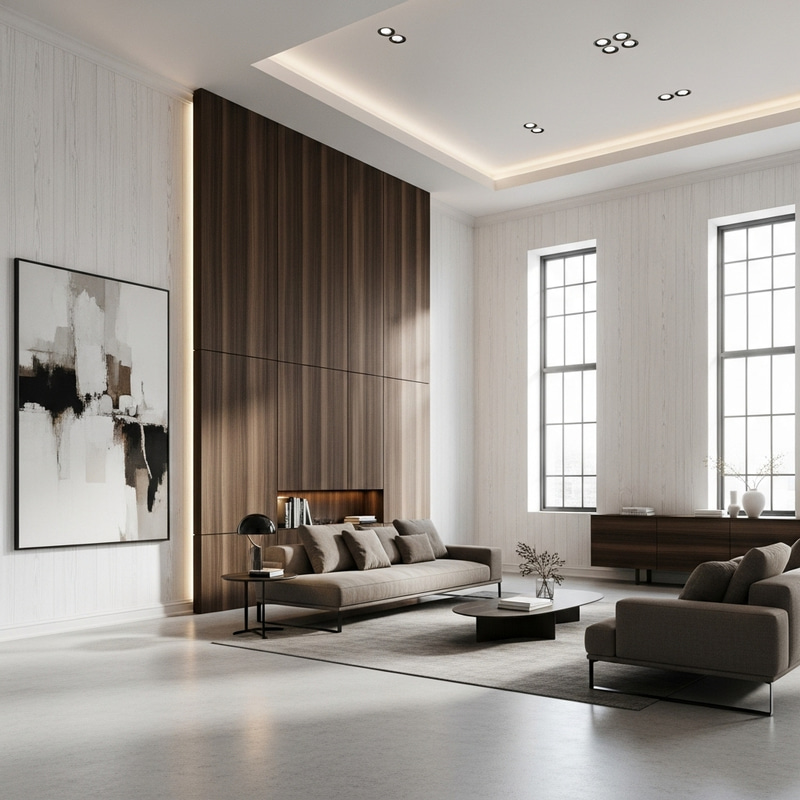 Sleek & Spacious Modern Interior Design with Dark Wood and White Accents Sleek & Spacious Modern Interior Design with Dark Wood and White Accents