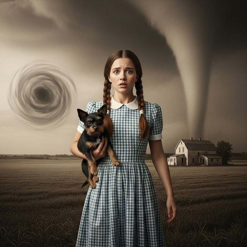 Dorothy Gale Confronts Tornado in Banksy's Interpretation
