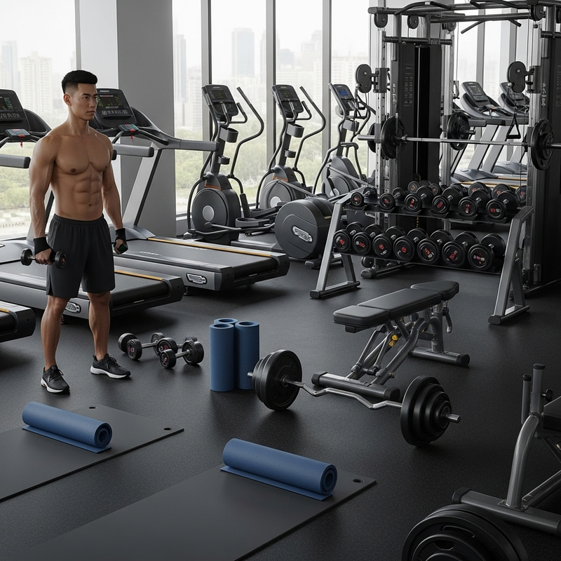 Asian Man Exercising in Gym Background Template