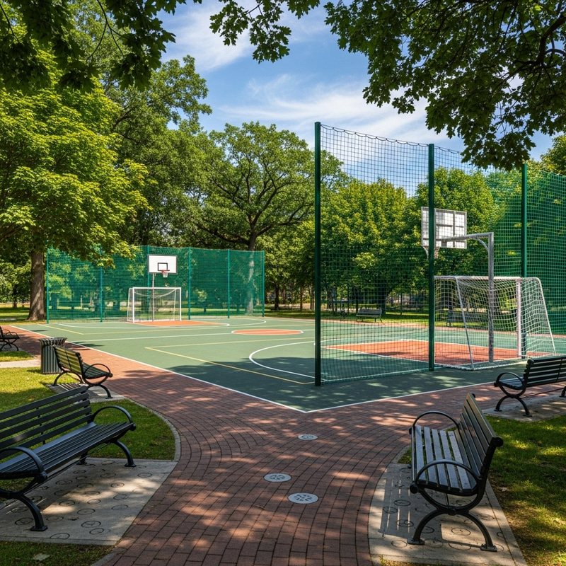 Outdoor Sports Court with High Netting amidst Summer Trees & Benches Outdoor Sports Court with High Netting amidst Summer Trees & Benches