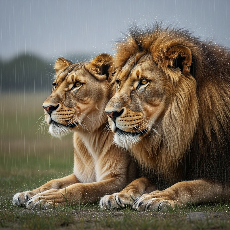 Majestic Lion and Lioness Art in Serene Rain | 3D Scene