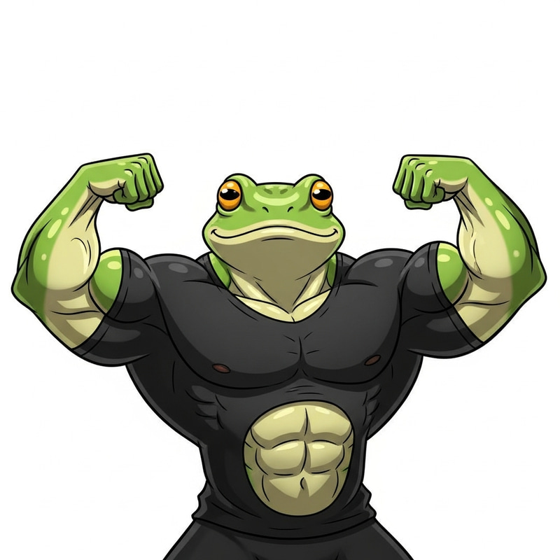 Buffed Pepe Meme: Flexing, Smiling Frog Buffed Pepe Meme: Flexing, Smiling Frog