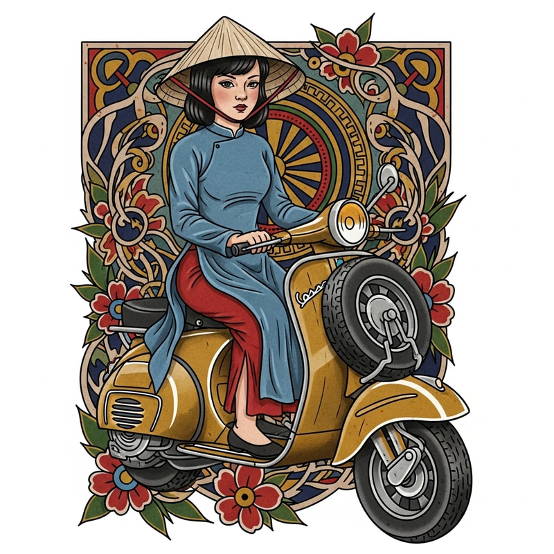 Traditional Vietnamese Tattoo of a Girl on Scooter Traditional Vietnamese Tattoo of a Girl on Scooter