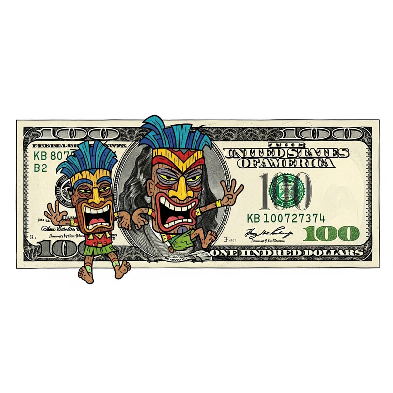 Colorful $100 Bill Featuring Tiki Twins: Pop Art Masterpiece Colorful $100 Bill Featuring Tiki Twins: Pop Art Masterpiece