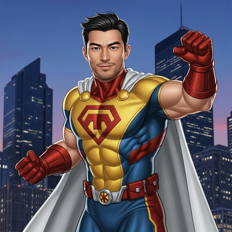 Asian Male Superhero | Confident Expression & Colourful Costume