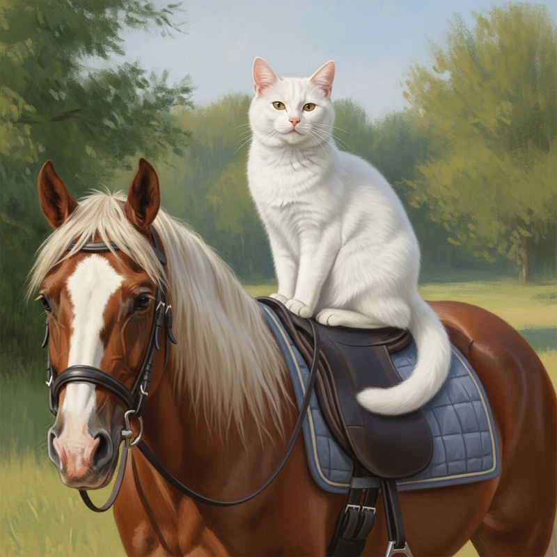 Dreamy Impressionist Cat and Horse Portrait