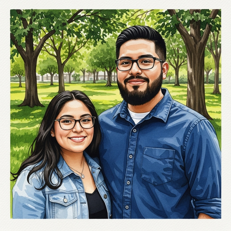 Young Hispanic Couple Watercolor Painting - Love Story in the Park Young Hispanic Couple Watercolor Painting - Love Story in the Park