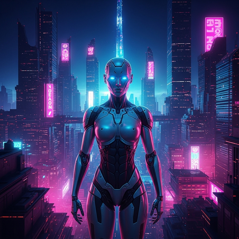 Futuristic Cyborg in Neon-Lit Cityscape: Vibrant Cyberpunk Scene Futuristic Cyborg in Neon-Lit Cityscape: Vibrant Cyberpunk Scene