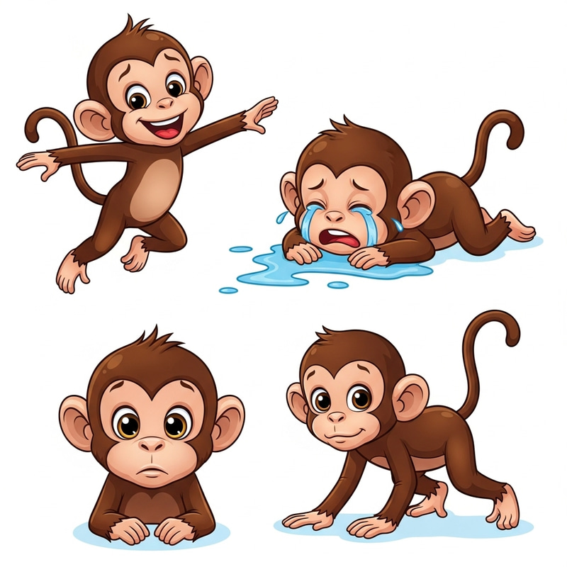 Cute Baby Monkeys 2D Art - Playful Cartoon Illustration in 4 Positions