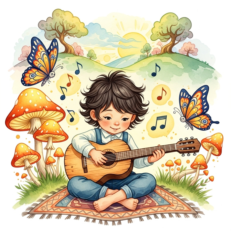 Child Playing Guitar in Disney Style Drawing Child Playing Guitar in Disney Style Drawing