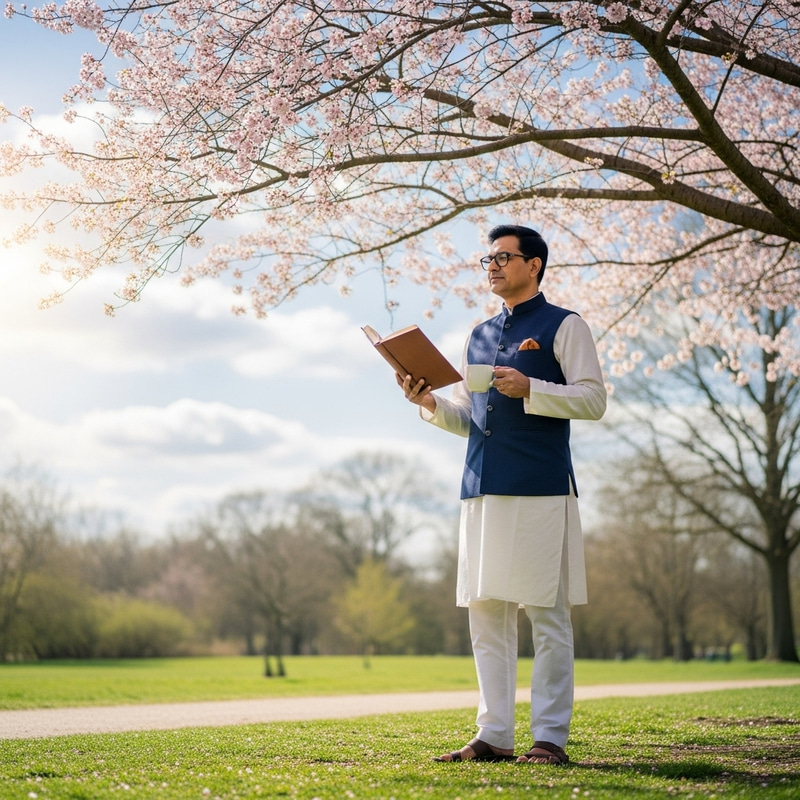 South Asian Man Reading Book Under Cherry Blossom Tree South Asian Man Reading Book Under Cherry Blossom Tree