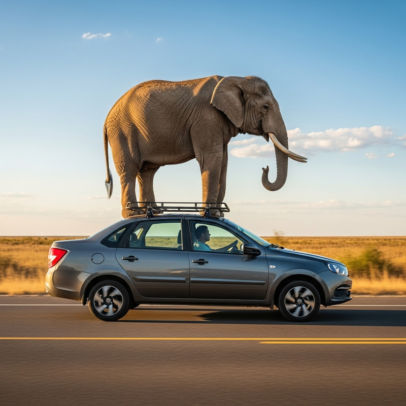 Realistic Illustration: Lada Granta Car with Elephant on Roof Rails Realistic Illustration: Lada Granta Car with Elephant on Roof Rails