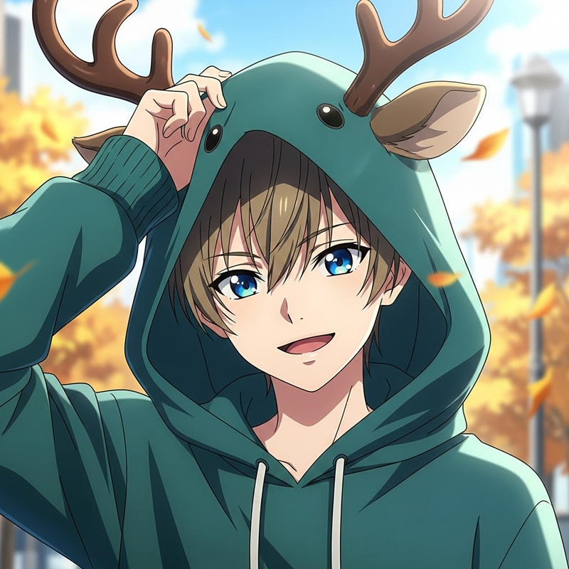 Casual and Playful Anime Boy with Reindeer Hoodie Casual and Playful Anime Boy with Reindeer Hoodie