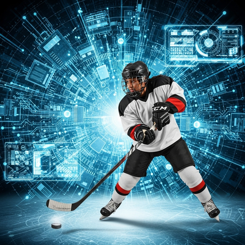 High-Tech Background with a South Asian Female Hockey Player in Action
