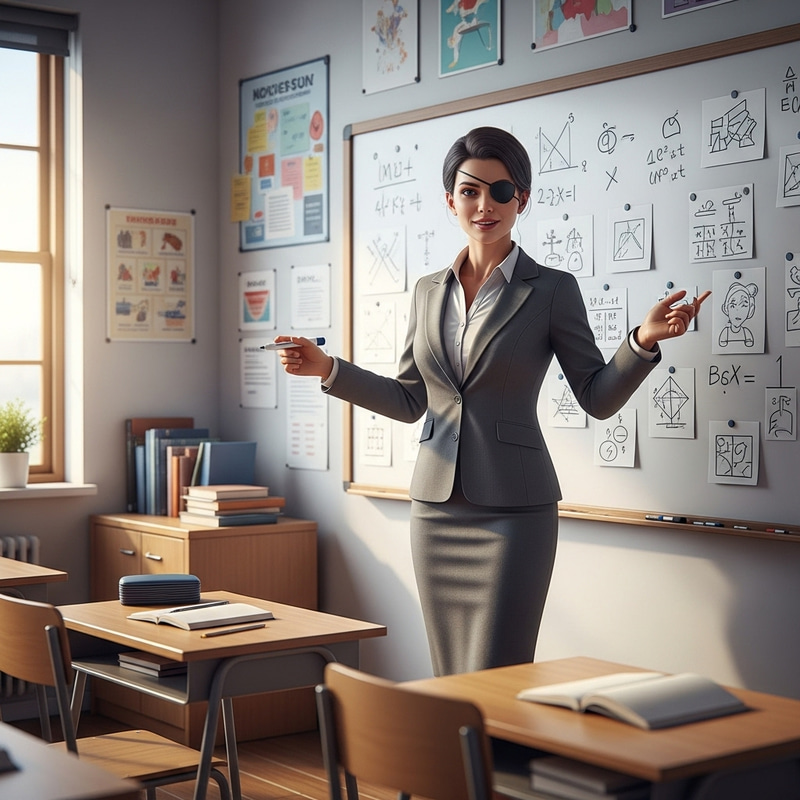 Caucasian Female School Teacher with Black Hair in Gray Suit