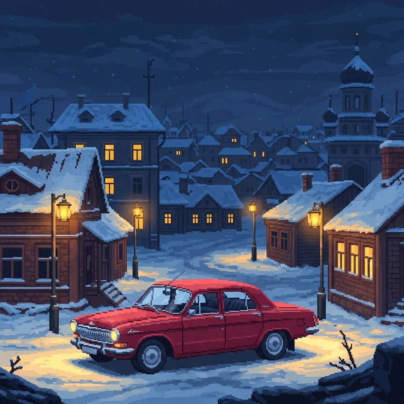 Cherry Red Volga 3102 in Winter Midnight Pixel Art Scene Cherry Red Volga 3102 in Winter Midnight Pixel Art Scene