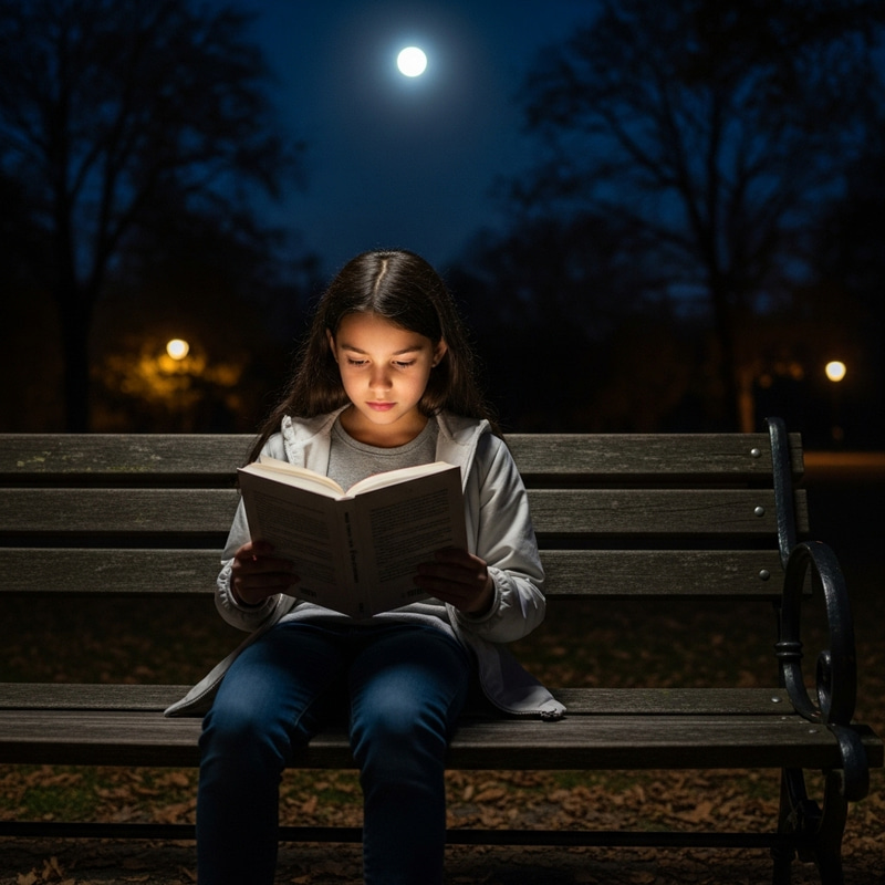 Girl Reading Book on Park Bench at Night