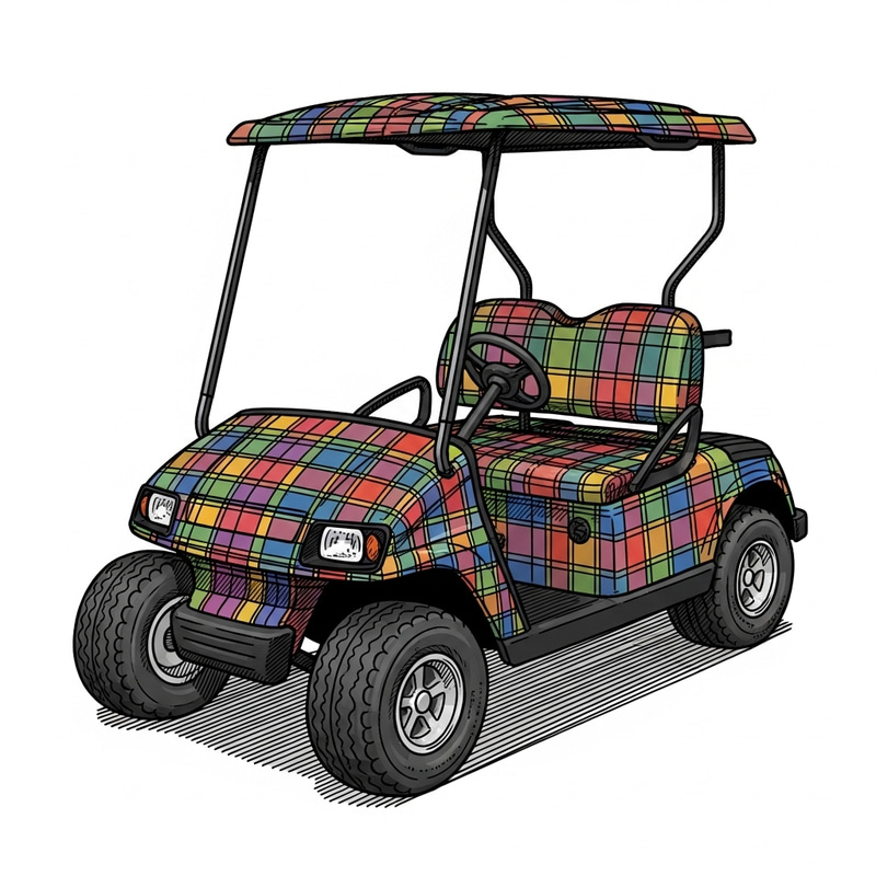 Intricately Drawn Plaid-Patterned Golf Cart Art