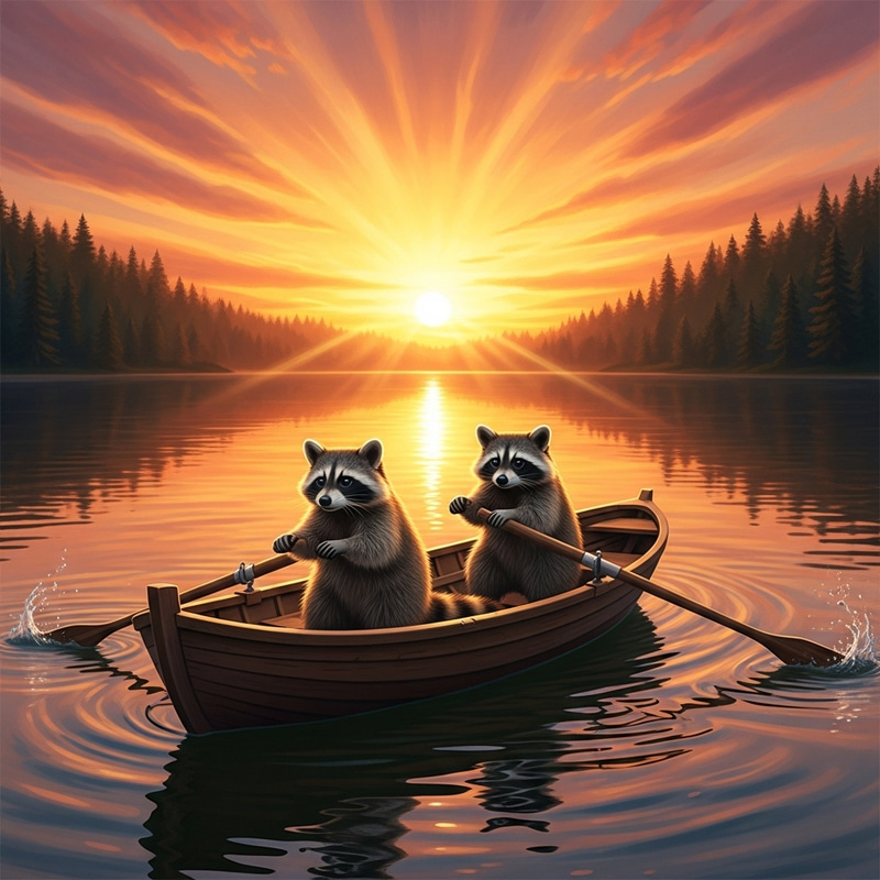 Tranquil Raccoons Rowing into Sunset on Forest Lake